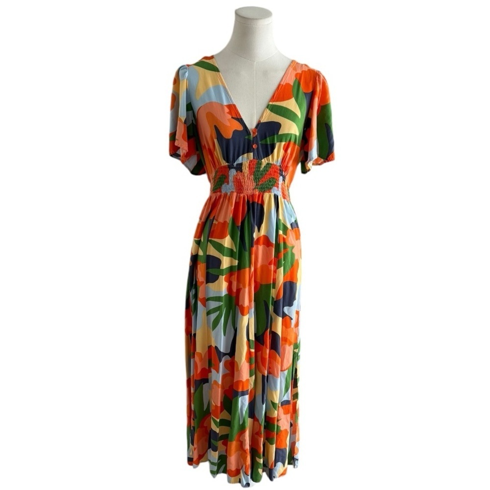 ABEL THE LABEL Anthropologie Hilda Floral Maxi Midi Dress V Neck Tropical Size M